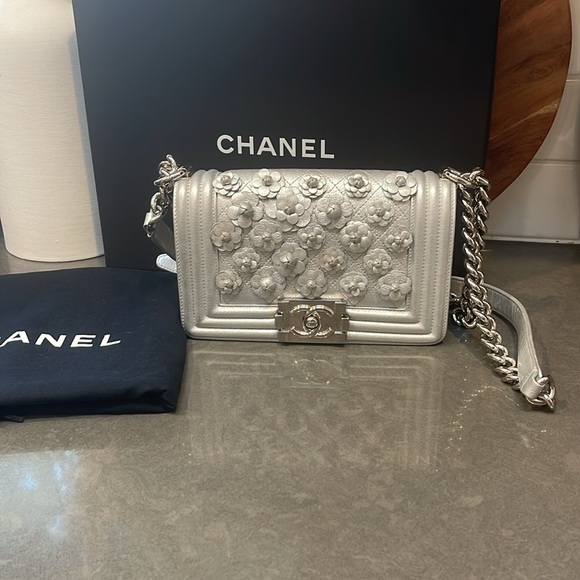 CHANEL Handbags - CHANEL Small Camellia Applique Boy Flap Bag